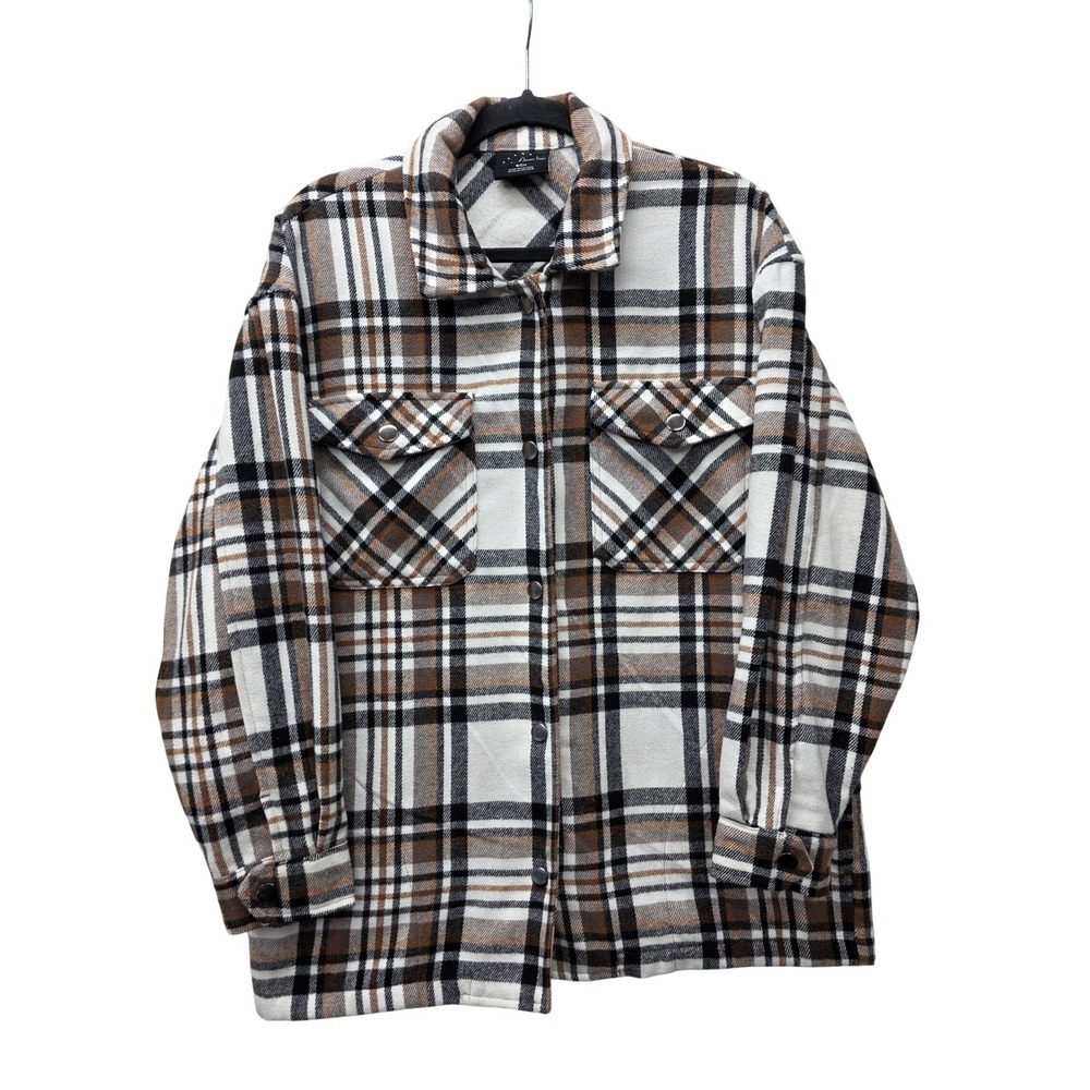 HFX Women Brown White Plaid Shacket Button Front Shirt Jacket Size SM Oversized